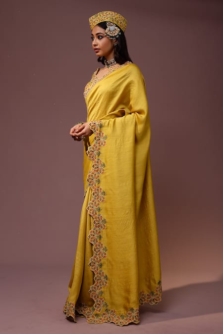 Rishi And Soujit_Yellow Saree Tussar And Blouse Raw Floral Border With _Online_at_Aza_Fashions