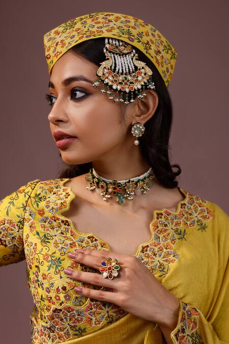 Buy_Rishi And Soujit_Yellow Saree Tussar And Blouse Raw Floral Border With _Online_at_Aza_Fashions