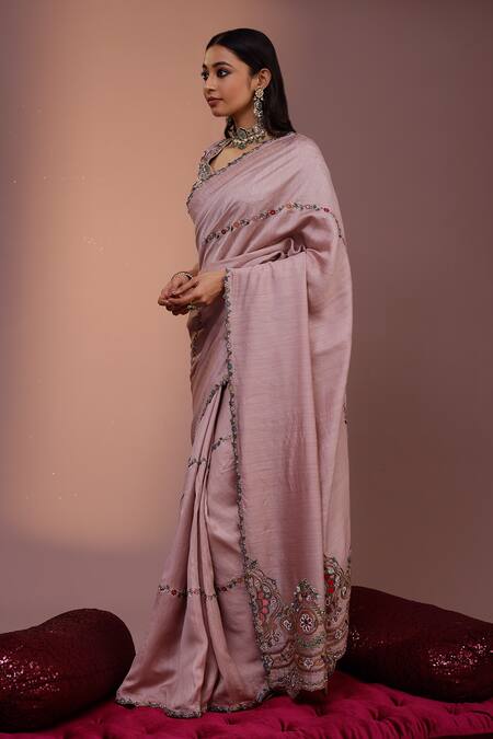 Rishi And Soujit_Pink Saree Tussar And Blouse Raw Linear Pattern With _Online_at_Aza_Fashions