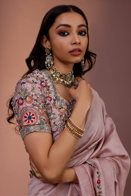 Buy_Rishi And Soujit_Pink Saree Tussar And Blouse Raw Linear Pattern With _Online_at_Aza_Fashions