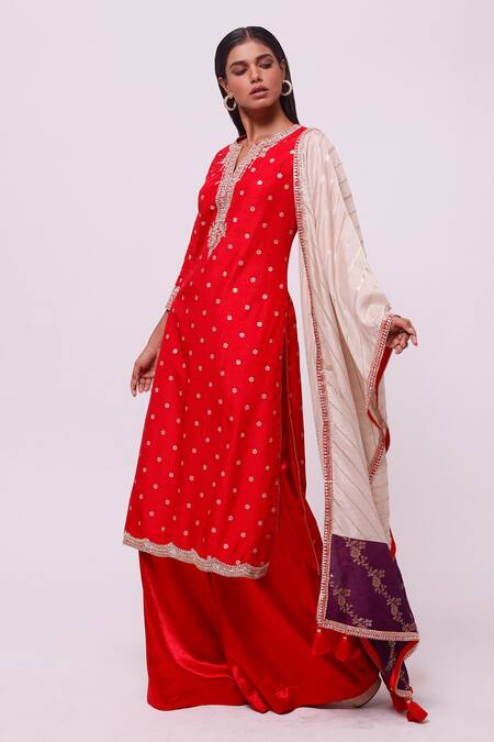 Onaya_Red Silk Banarasi Floral Notched Woven Kurta Set_Online_at_Aza_Fashions