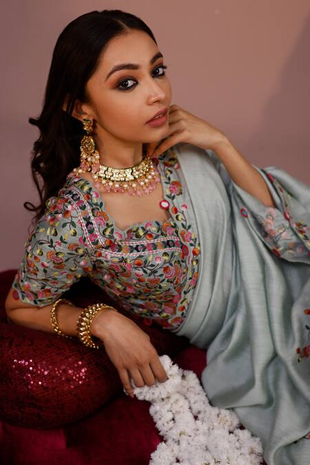 Rishi And Soujit_Blue Saree Tussar And Blouse Raw Work Border With _Online_at_Aza_Fashions