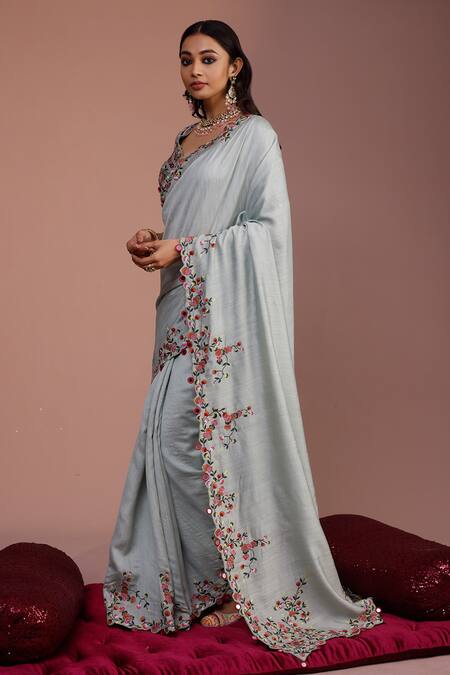 Buy_Rishi And Soujit_Blue Saree Tussar And Blouse Raw Work Border With _Online_at_Aza_Fashions