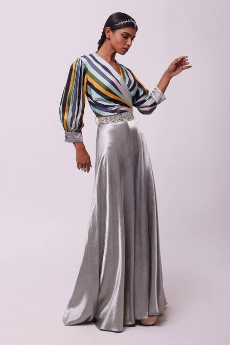 Onaya_Blue Satin Stripe V Neck Print Jumpsuit With Belt_Online_at_Aza_Fashions