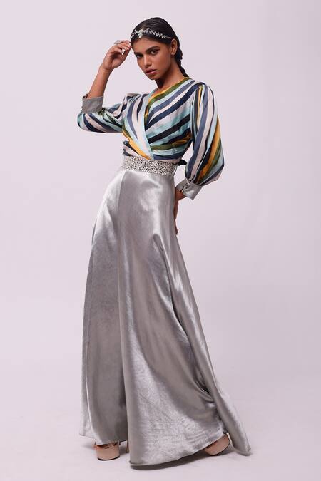 Buy_Onaya_Blue Satin Stripe V Neck Print Jumpsuit With Belt_Online_at_Aza_Fashions