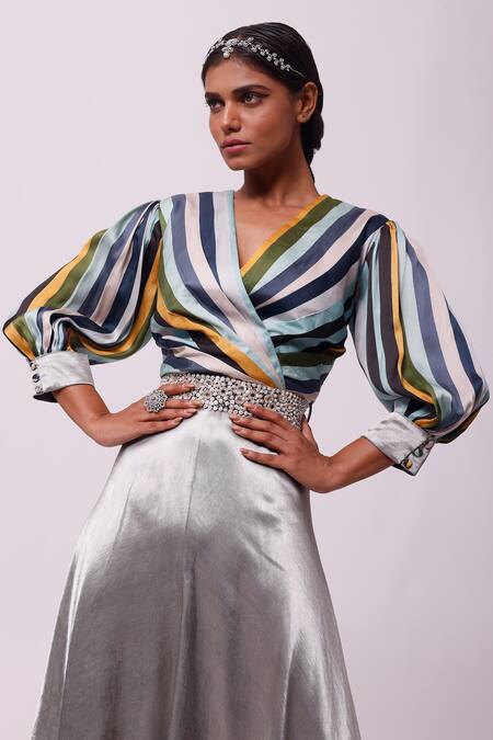 Shop_Onaya_Blue Satin Stripe V Neck Print Jumpsuit With Belt_Online_at_Aza_Fashions