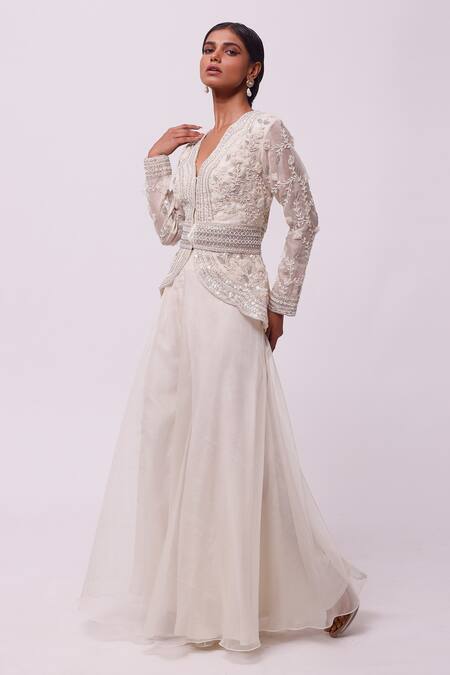 Onaya_Off White Georgette Embroidery Sequin V Neck Floral Tunic And Flared Pant Set_Online_at_Aza_Fashions