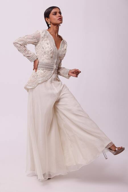 Buy_Onaya_Off White Georgette Embroidery Sequin V Neck Floral Tunic And Flared Pant Set_Online_at_Aza_Fashions