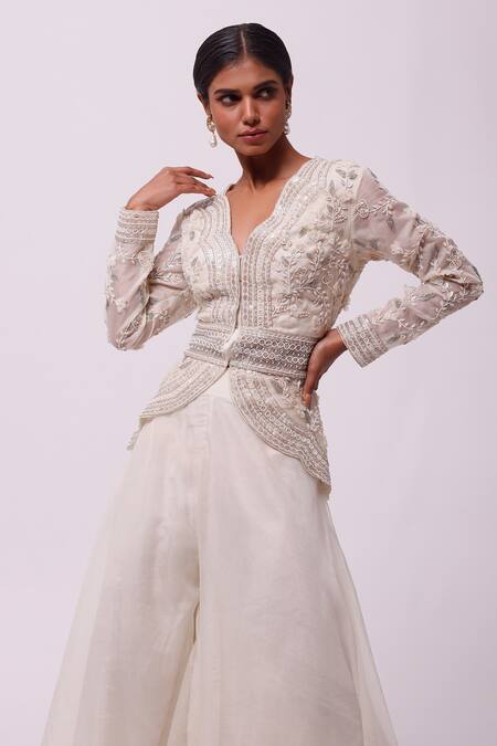 Shop_Onaya_Off White Georgette Embroidery Sequin V Neck Floral Tunic And Flared Pant Set_Online_at_Aza_Fashions