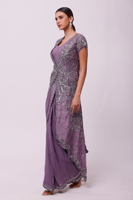 Onaya_Purple Georgette Embellished Sequins Crystals And Jacket & Pre-draped Saree Set_Online_at_Aza_Fashions