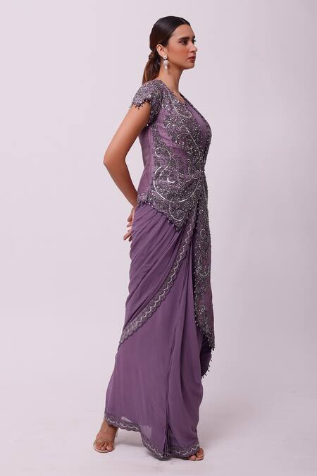 Buy_Onaya_Purple Georgette Embellished Sequins Crystals And Jacket & Pre-draped Saree Set_Online_at_Aza_Fashions
