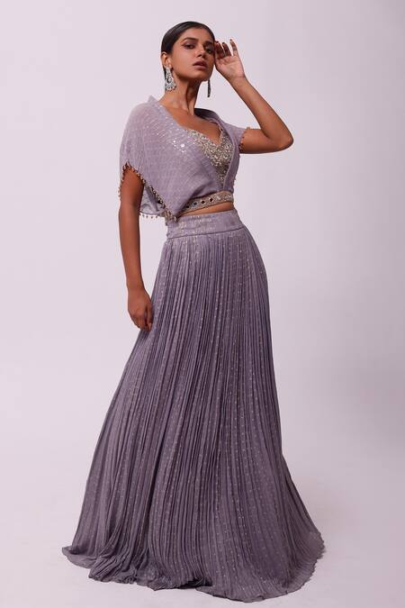 Buy_Onaya_Purple Plunge V Neck Jacket And Lehenga Set _Online_at_Aza_Fashions