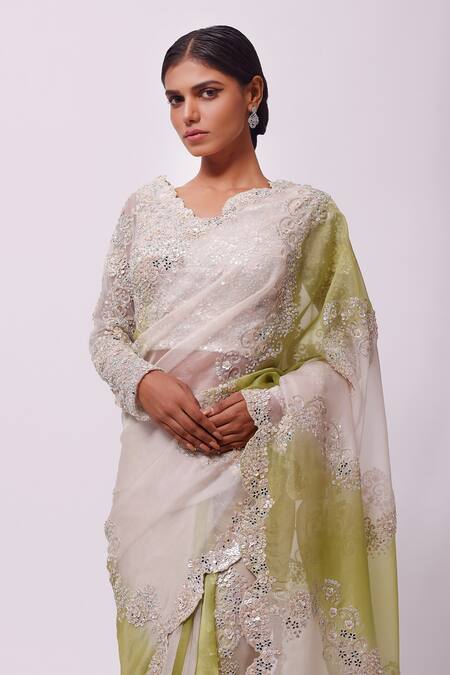 Onaya_Green Organza Floral V Neck Saree With Blouse_Online_at_Aza_Fashions