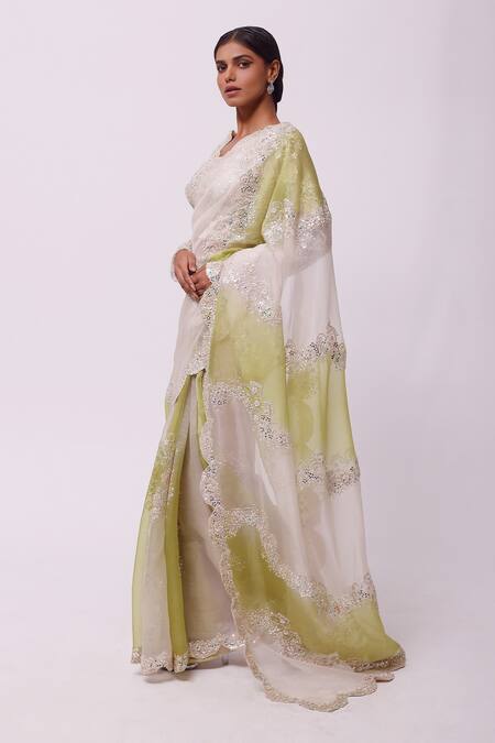Buy_Onaya_Green Organza Floral V Neck Saree With Blouse_Online_at_Aza_Fashions