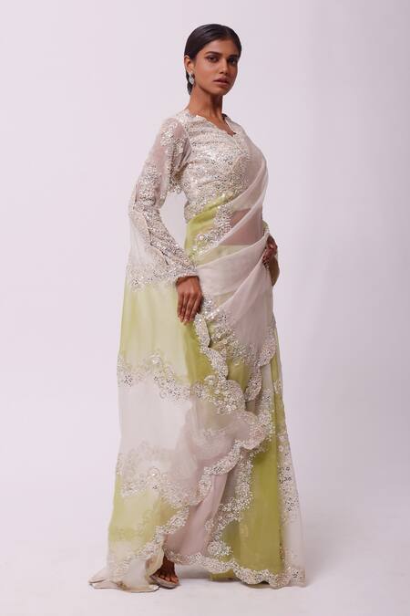 Shop_Onaya_Green Organza Floral V Neck Saree With Blouse_Online_at_Aza_Fashions