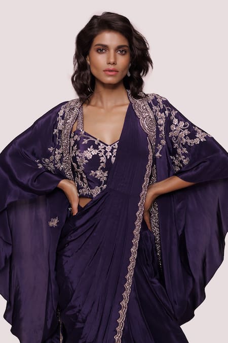 Buy Onaya Purple Crepe Embroidery Mirror Sweetheart Pre-draped Saree With Border Jacket Online at Aza Fashions Buy_Onaya_Purple Crepe Embroidery Mirror Sweetheart Pre-draped Saree With Border Jacket _Online_at_Aza_Fashions