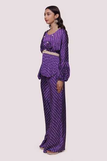 Onaya_Purple Satin Pearls, Sequins V-neck Stripe Print Peplum Top And Pant Set_Online_at_Aza_Fashions