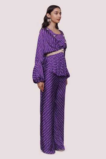 Buy_Onaya_Purple Satin Pearls, Sequins V-neck Stripe Print Peplum Top And Pant Set_Online_at_Aza_Fashions