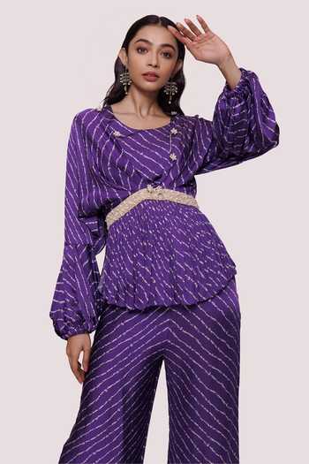 Shop_Onaya_Purple Satin Pearls, Sequins V-neck Stripe Print Peplum Top And Pant Set_Online_at_Aza_Fashions