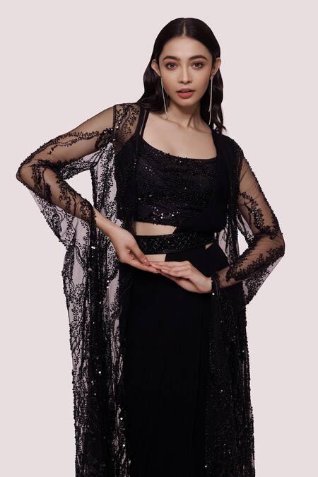 Shop_Onaya_Black Georgette Embroidery Pre-stitched Saree With Embellished Long Jacket_Online_at_Aza_Fashions