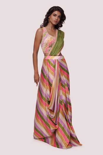 Onaya_Multi Color Satin Print And Embroidery Stripe V Pre-stitched Saree With Blouse_Online_at_Aza_Fashions