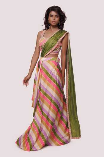 Buy_Onaya_Multi Color Satin Print And Embroidery Stripe V Pre-stitched Saree With Blouse_Online_at_Aza_Fashions