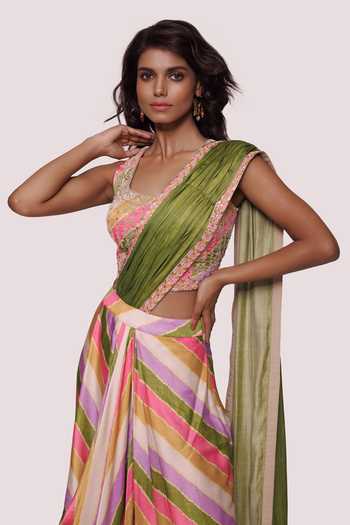 Shop_Onaya_Multi Color Satin Print And Embroidery Stripe V Pre-stitched Saree With Blouse_Online_at_Aza_Fashions
