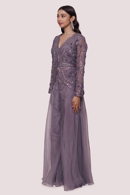 Buy_Onaya_Grey Georgette Sequins, Metallic Thread Embellished Kurta And Flared Pant Set_Online_at_Aza_Fashions