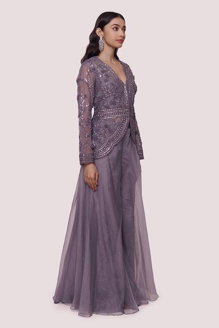 Shop_Onaya_Grey Georgette Sequins, Metallic Thread Embellished Kurta And Flared Pant Set_Online_at_Aza_Fashions