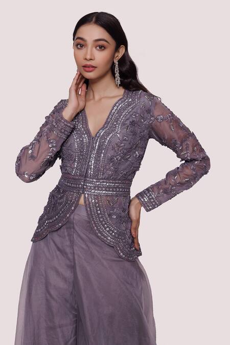 Onaya_Grey Georgette Sequins, Metallic Thread Embellished Kurta And Flared Pant Set_at_Aza_Fashions