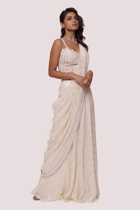 Onaya_Off White Georgette Chikan Embroidery Pre-stitched Saree With Strappy Blouse_Online_at_Aza_Fashions