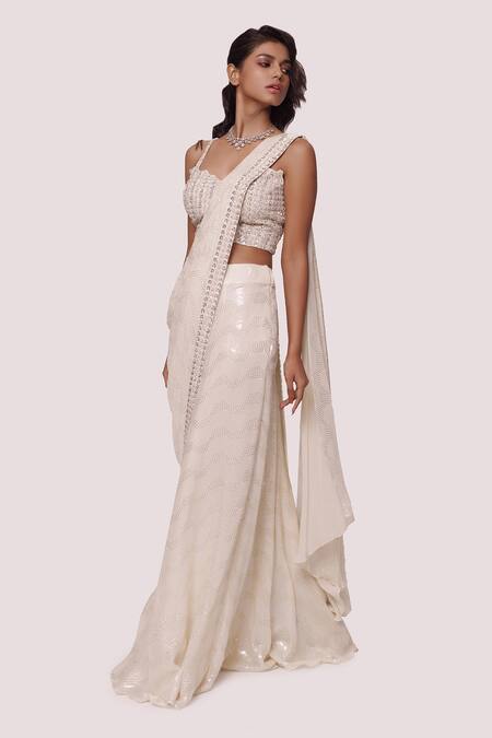 Buy_Onaya_Off White Georgette Chikan Embroidery Pre-stitched Saree With Strappy Blouse_Online_at_Aza_Fashions