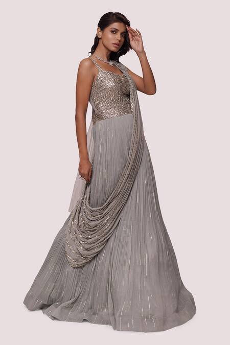 Onaya_Gray Georgette Embroidery Cutdana Scoop Neck Designer Sequin Saree Gown _Online_at_Aza_Fashions