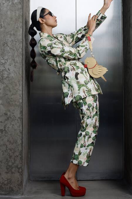 Pds By Sneha_Green Cotton, Lycra Collared Jaipur Print Jacket Pant Set _Online_at_Aza_Fashions