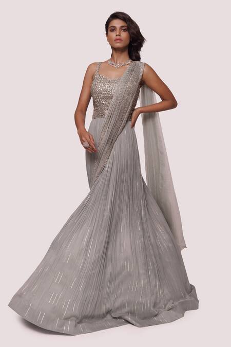 Buy_Onaya_Gray Georgette Embroidery Cutdana Scoop Neck Designer Sequin Saree Gown _Online_at_Aza_Fashions