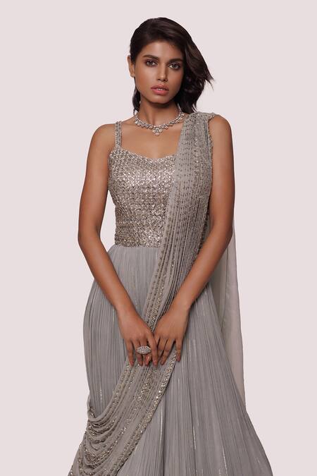 Shop_Onaya_Gray Georgette Embroidery Cutdana Scoop Neck Designer Sequin Saree Gown _Online_at_Aza_Fashions
