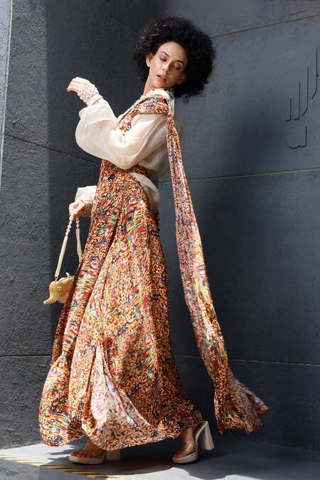 Buy_Pds By Sneha_Multi Color Organza And Embroidery Abstract & Pre-draped Saree Set _Online_at_Aza_Fashions