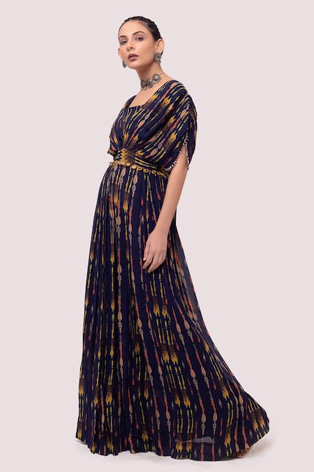 Onaya Blue Georgette Cut Work, Mirrors Square Abstract Print Butterfly Sleeve Gown Online at Aza Fashions Onaya_Blue Georgette Cut Work, Mirrors Square Abstract Print Butterfly Sleeve Gown_Online_at_Aza_Fashions