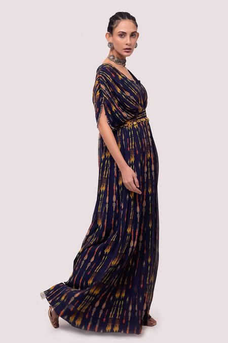 Buy Onaya Blue Georgette Cut Work, Mirrors Square Abstract Print Butterfly Sleeve Gown Online at Aza Fashions Buy_Onaya_Blue Georgette Cut Work, Mirrors Square Abstract Print Butterfly Sleeve Gown_Online_at_Aza_Fashions