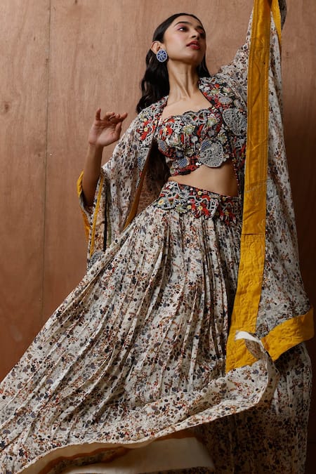 Pds By Sneha_Ivory Organza Crepe Cotton Lycra Print And Cape Wrap Skirt Set  _Online_at_Aza_Fashions