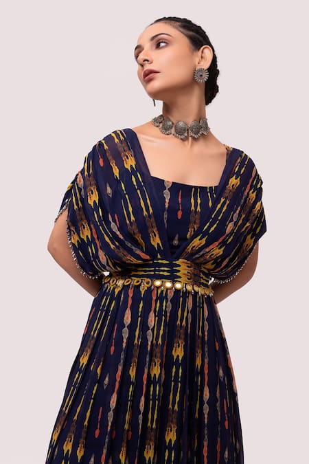 Shop Onaya Blue Georgette Cut Work, Mirrors Square Abstract Print Butterfly Sleeve Gown Online at Aza Fashions Shop_Onaya_Blue Georgette Cut Work, Mirrors Square Abstract Print Butterfly Sleeve Gown_Online_at_Aza_Fashions