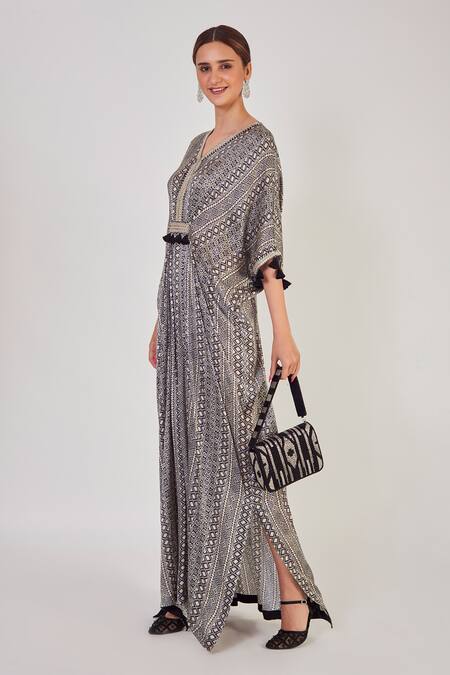 Onaya_Black Satin Geometric Pattern V Neck Print Kaftan_Online_at_Aza_Fashions