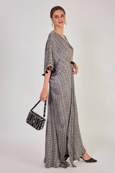Buy_Onaya_Black Satin Geometric Pattern V Neck Print Kaftan_Online_at_Aza_Fashions