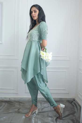 PIRI INDIA_Green Organza, Chanderi, Satin Hand Embroidered Peplum Top And Dhoti Pant Set _Online_at_Aza_Fashions
