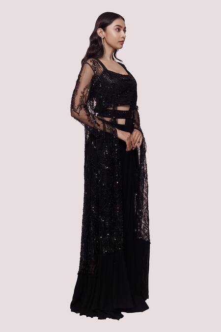 Buy_Onaya_Black Georgette Embroidery Pre-stitched Saree With Embellished Long Jacket_Online_at_Aza_Fashions