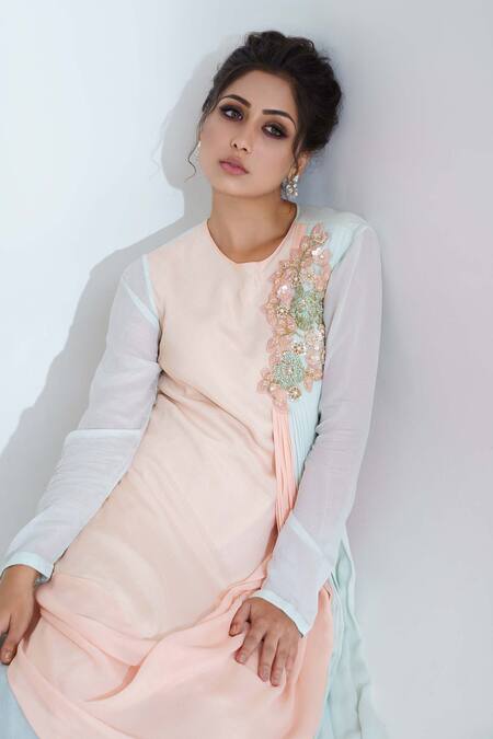 Buy_Suruchi Parakh_Blue Georgette Crepe, Lining Shantoon Floral Motif Round Draped Tunic_Online_at_Aza_Fashions