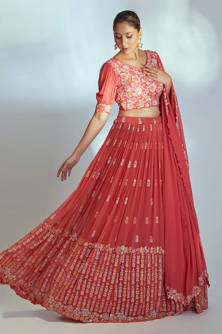 Suruchi Parakh_Red Multi Color Sequin Work V Neck Floral Embroidered Lehenga Set _Online_at_Aza_Fashions
