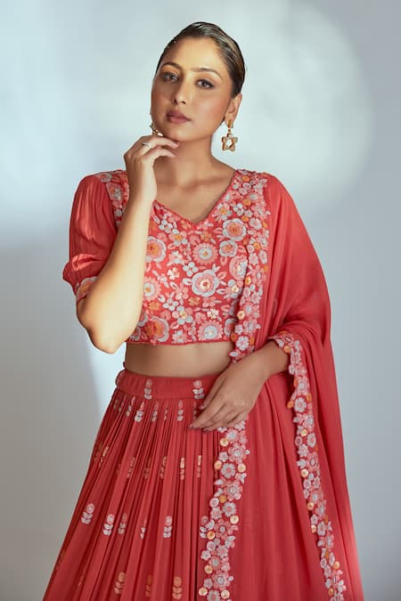 Buy_Suruchi Parakh_Red Multi Color Sequin Work V Neck Floral Embroidered Lehenga Set _Online_at_Aza_Fashions