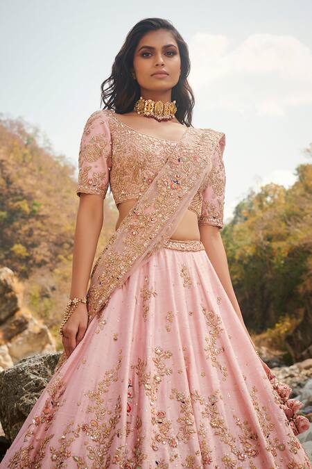 Dolly J_Pink Raw Silk Scoop Neck Narah Bridal Lehenga Set_Online_at_Aza_Fashions
