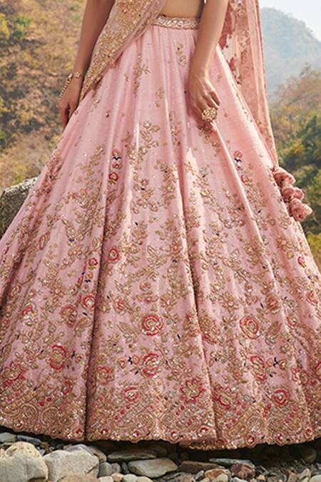 Buy_Dolly J_Pink Raw Silk Scoop Neck Narah Bridal Lehenga Set_Online_at_Aza_Fashions